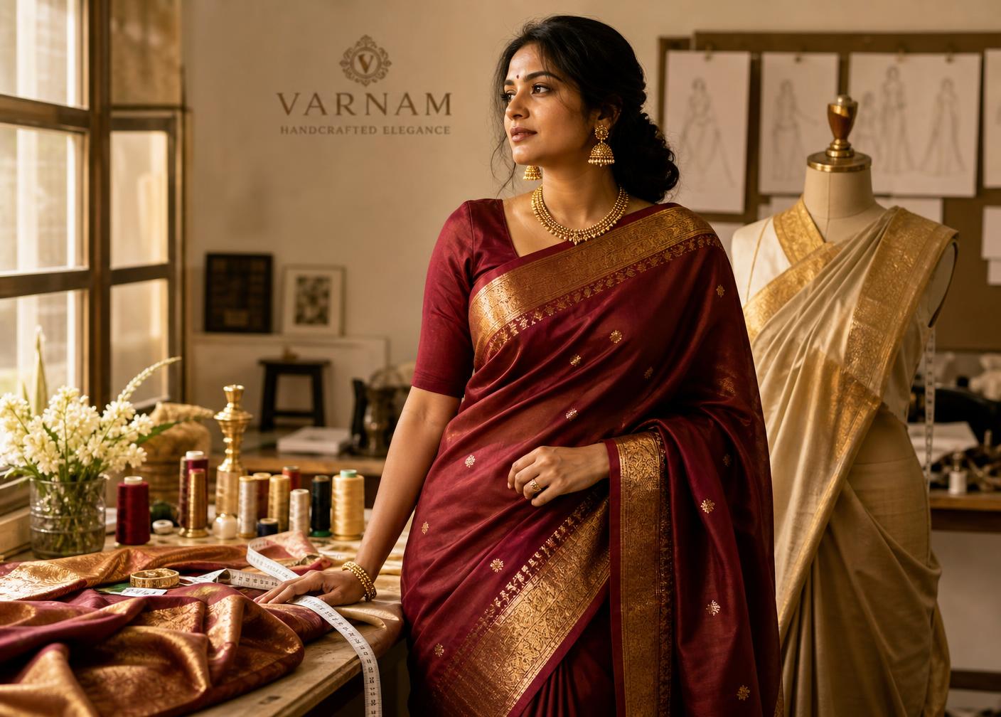 South Indian woman in a maroon Kanchipuram saree at a tailoring studio